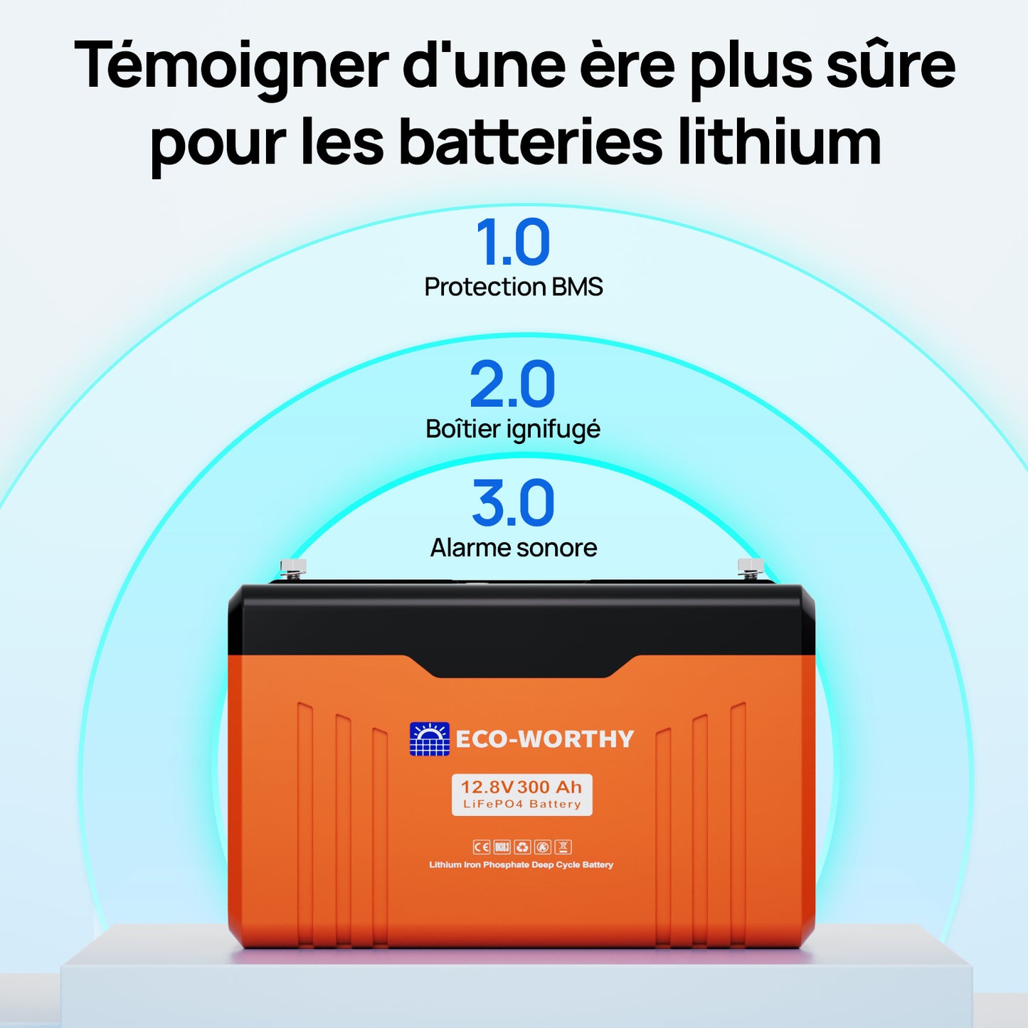 ECO-WORTHY Batterie Lithium  Lifepo4 12V 300Ah Bluetooth avec Indicateur LED -surveillance et contrile via APP Bluetooth temoigner d'une era plu sure pour les batteries lithium