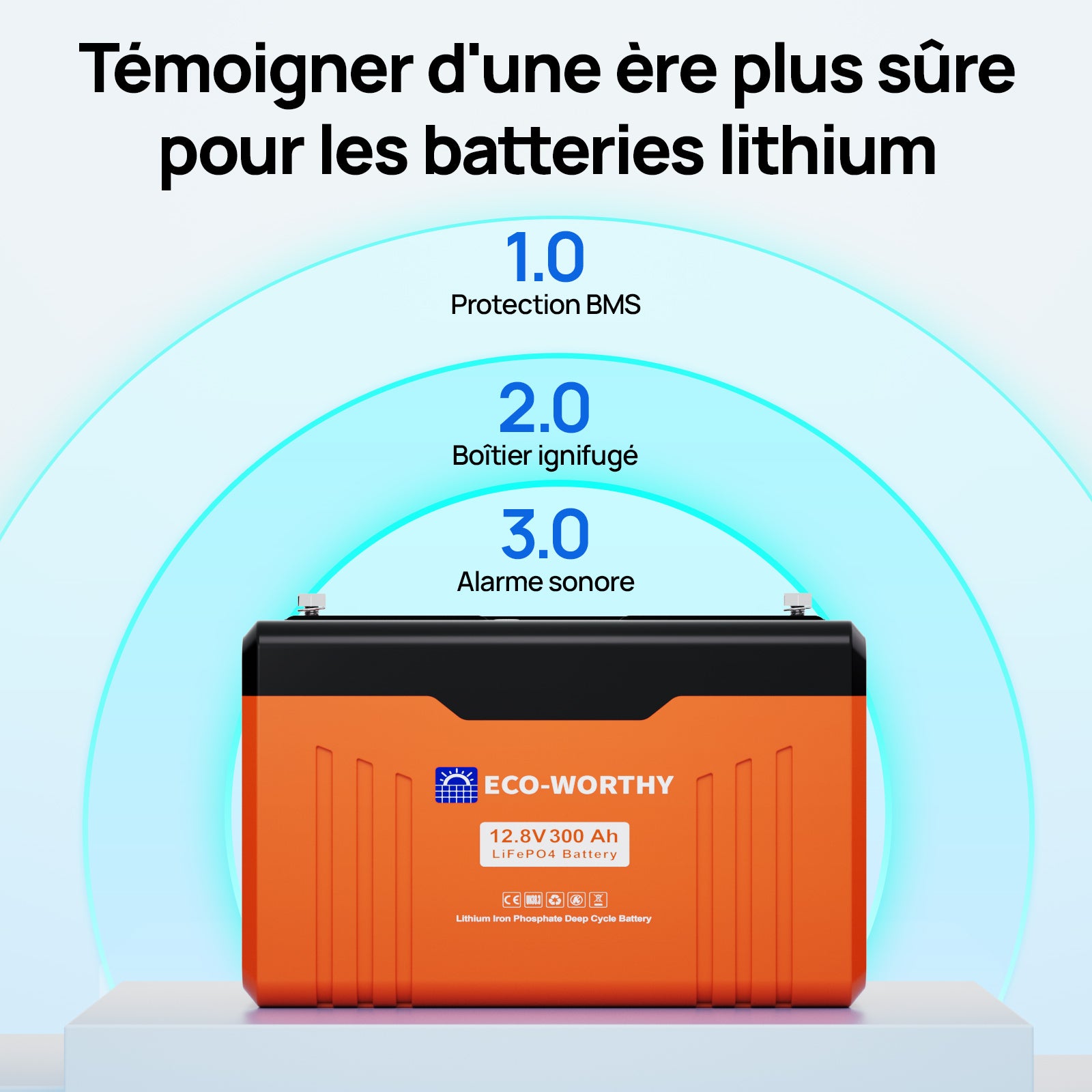 ECO-WORTHY Batterie Lithium  Lifepo4 12V 300Ah Bluetooth avec Indicateur LED -surveillance et contrile via APP Bluetooth temoigner d'une era plu sure pour les batteries lithium