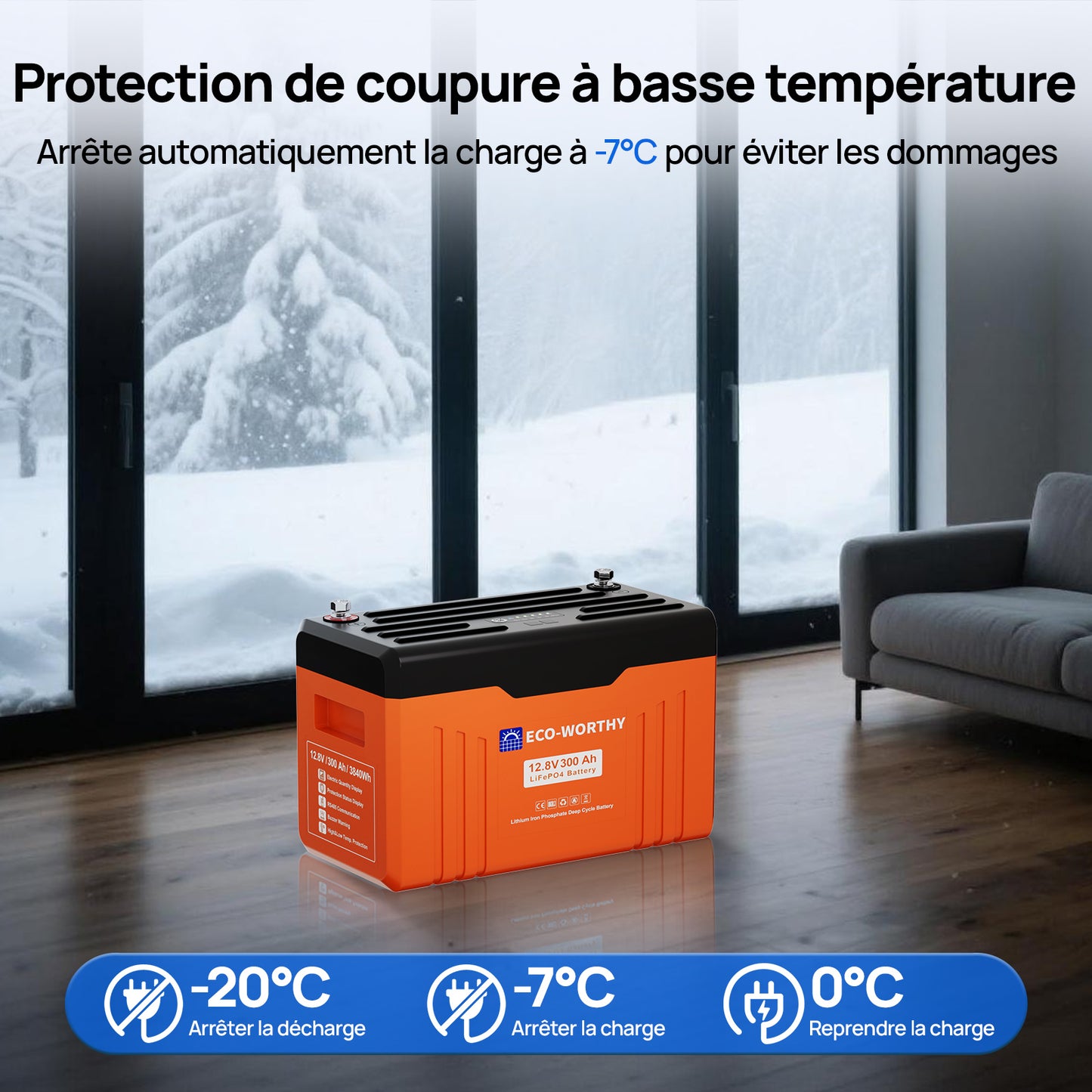 ECO-WORTHY Batterie Lithium  Lifepo4 12V 300Ah Bluetooth avec Indicateur LED avce LED Dispaly SOC et protection de coupure a basse temperature