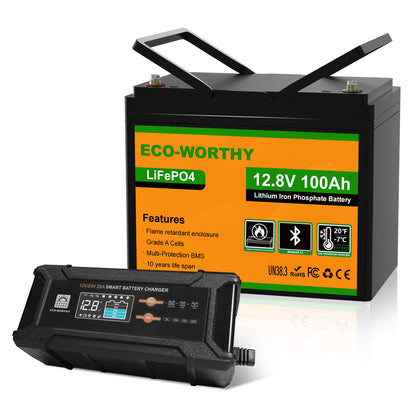 Eco-Worthy Batterie lithium LiFePO4 12V 100Ah avec Bluetooth-Prot. basse temp.