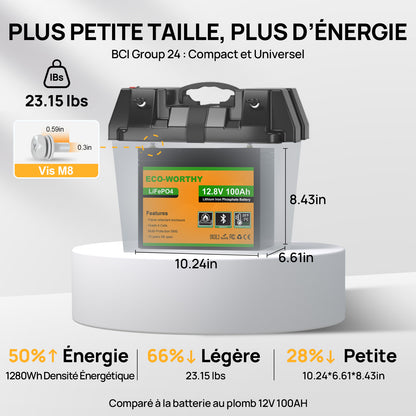 Eco-Worthy Batterie lithium LiFePO4 12V 100Ah avec Bluetooth-Prot. basse temp.