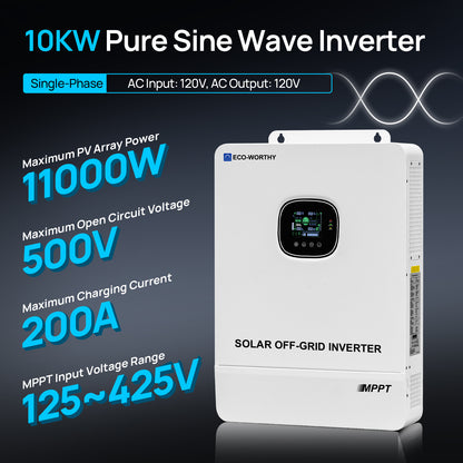Eco-Worthy 10kW 48V Onduleur solaire hors réseau — Convertisseur 48V CC vers 230V CA — Entrée photovoltaïque 11 000W à 500V