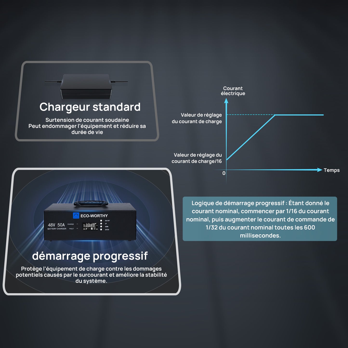 Eco-Worthy Chargeur de batterie lithium 48V – Courant réglable 0–50A, entrée 90–260V