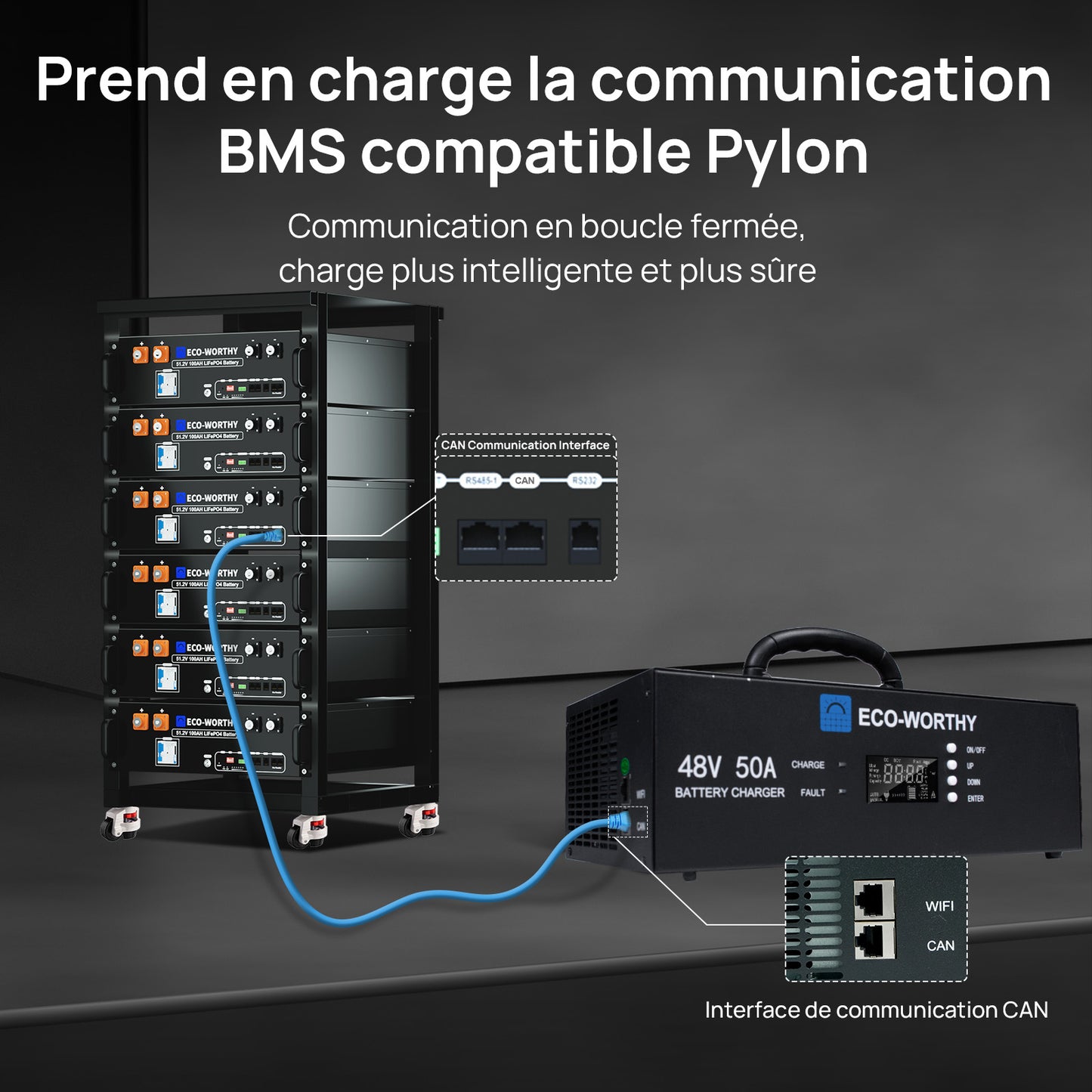 Eco-Worthy Chargeur de batterie lithium 48V – Courant réglable 0–50A, entrée 90–260V