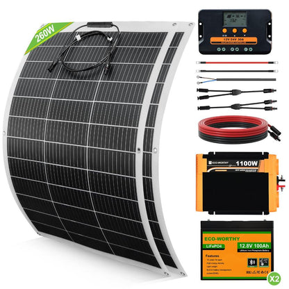 Système de cartes flexibles 130 W, 2 pièces de 130 cartes flexibles avec deux batteries au lithium Bluetooth.