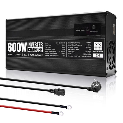Chargeur ECO-WORTHY 14.6 V 25 A LiFePO4 avec convertisseur 600 W 12 V à 230 V, fonction UPS, pour batteries LiFePO4 à décharge profonde