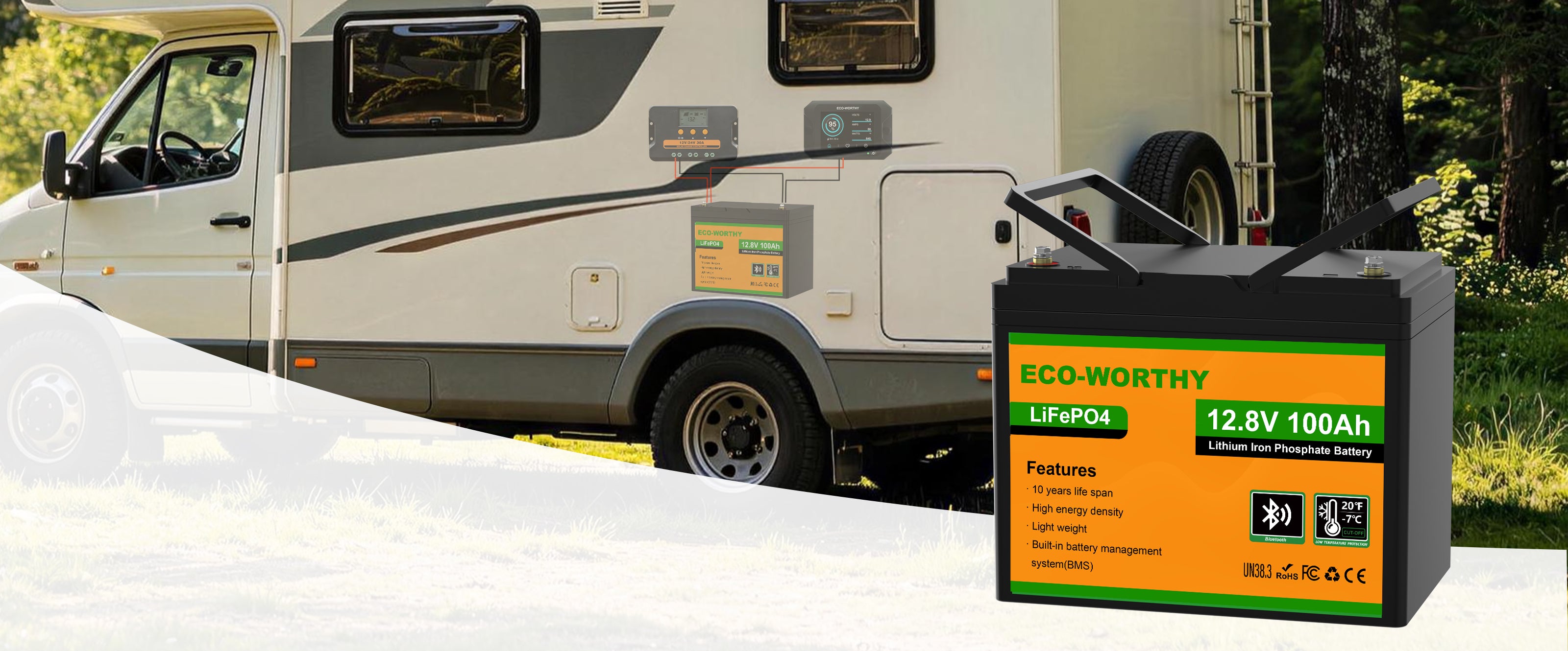Un camping-car aménagé est garé à l'extérieur, alimenté en énergie hors réseau grâce à un système artisanal : Batterie lithium camping car 12V 100Ah ECO-WORTHY avec coque ignifuge résistante au feu et sécurité renforcée