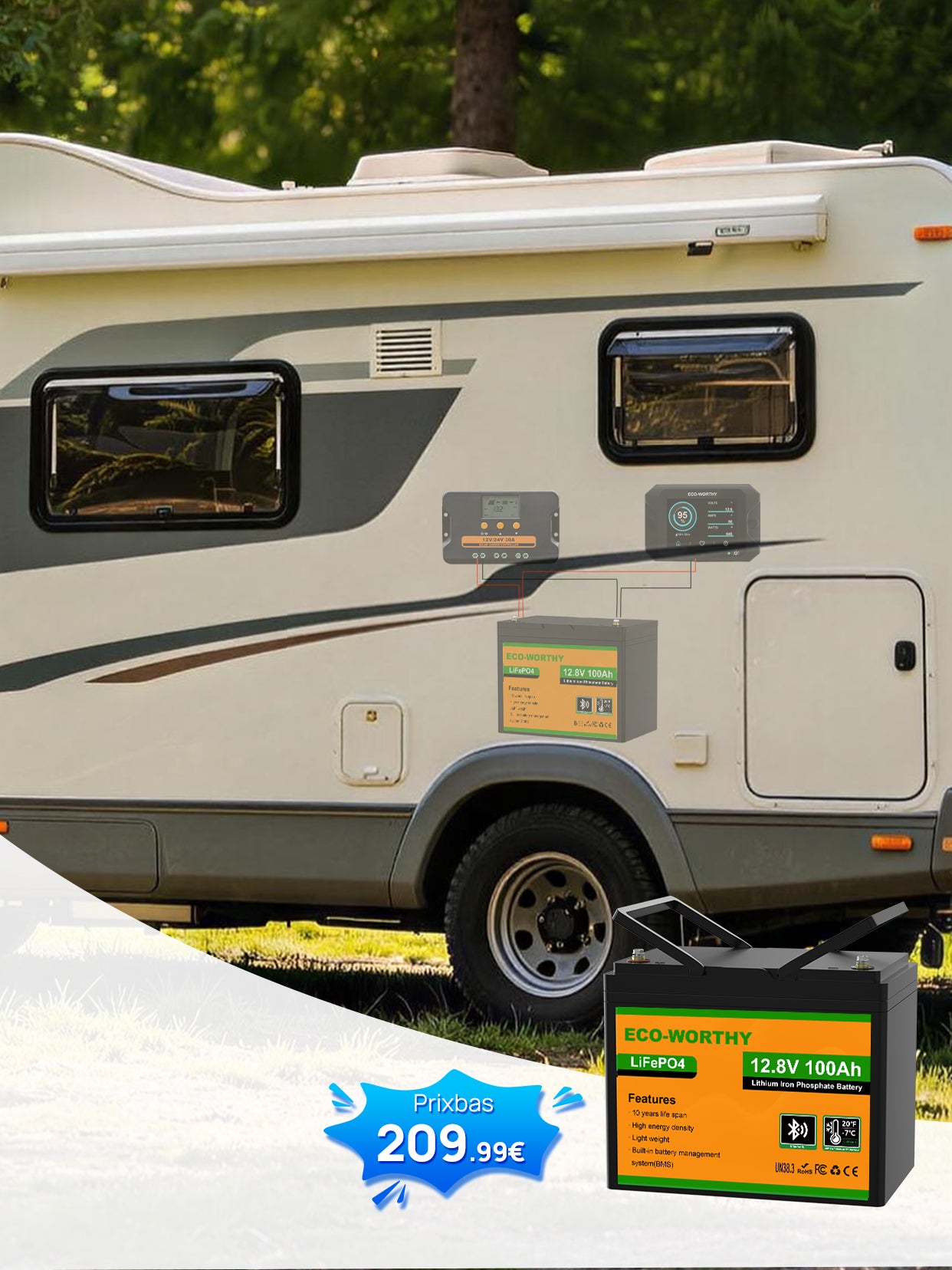 Un camping-car aménagé est garé à l'extérieur, alimenté en énergie hors réseau grâce à un système artisanal : Batterie lithium camping car 12V 314Ah ECO-WORTHY avec coque ignifuge résistante au feu et sécurité renforcée