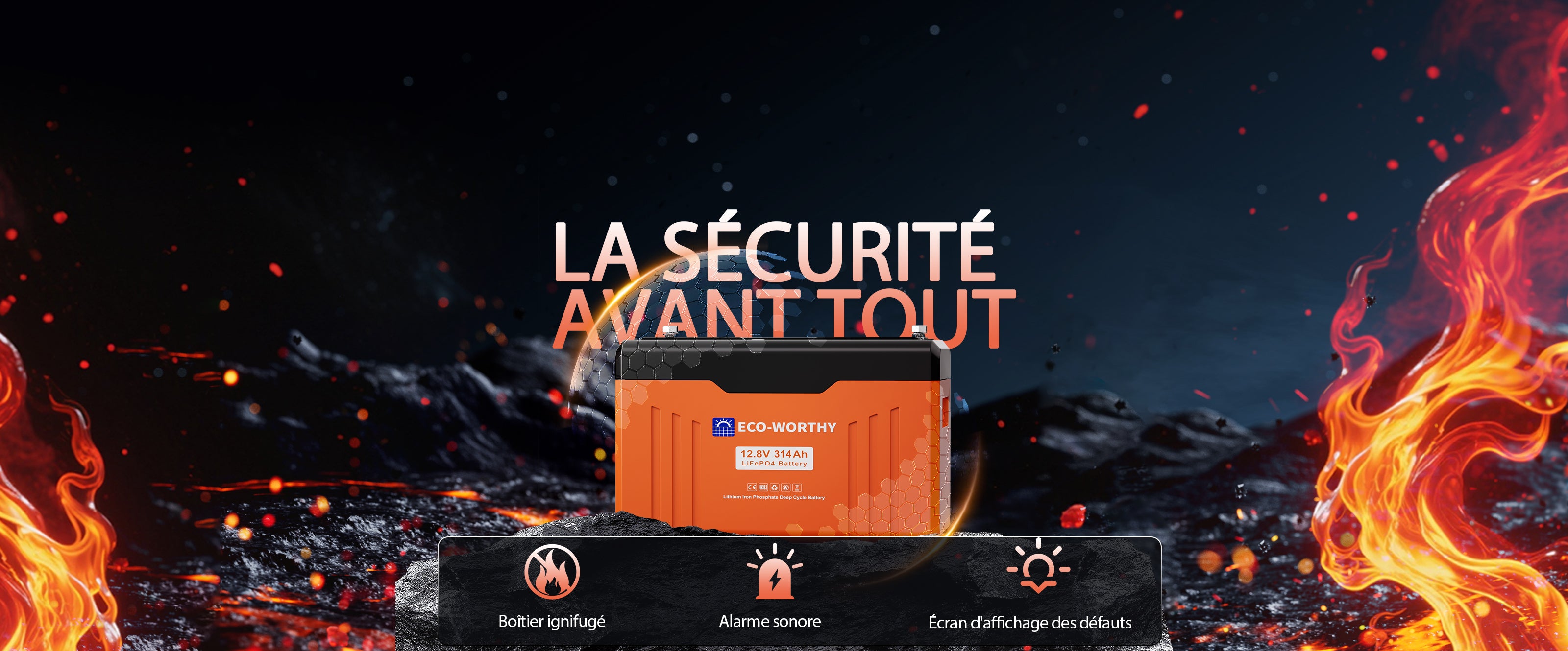 Batterie lithium camping car 12V 314Ah ECO-WORTHY avec coque ignifuge résistante au feu et sécurité renforcée