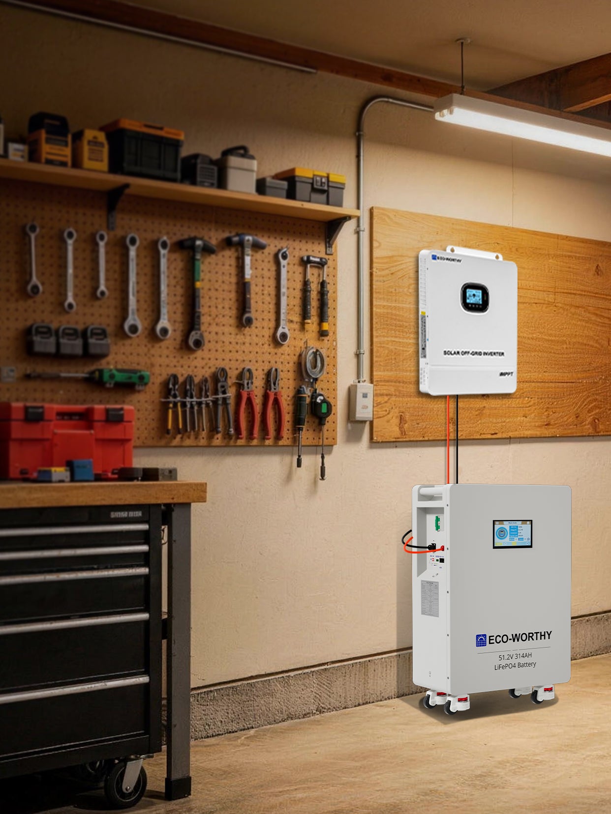 Batterie solaire maison 48V 314Ah ECO-WORTHY installée avec onduleur 10kW pour autoconsommation domestique installé dans des abris de jardin, etc.