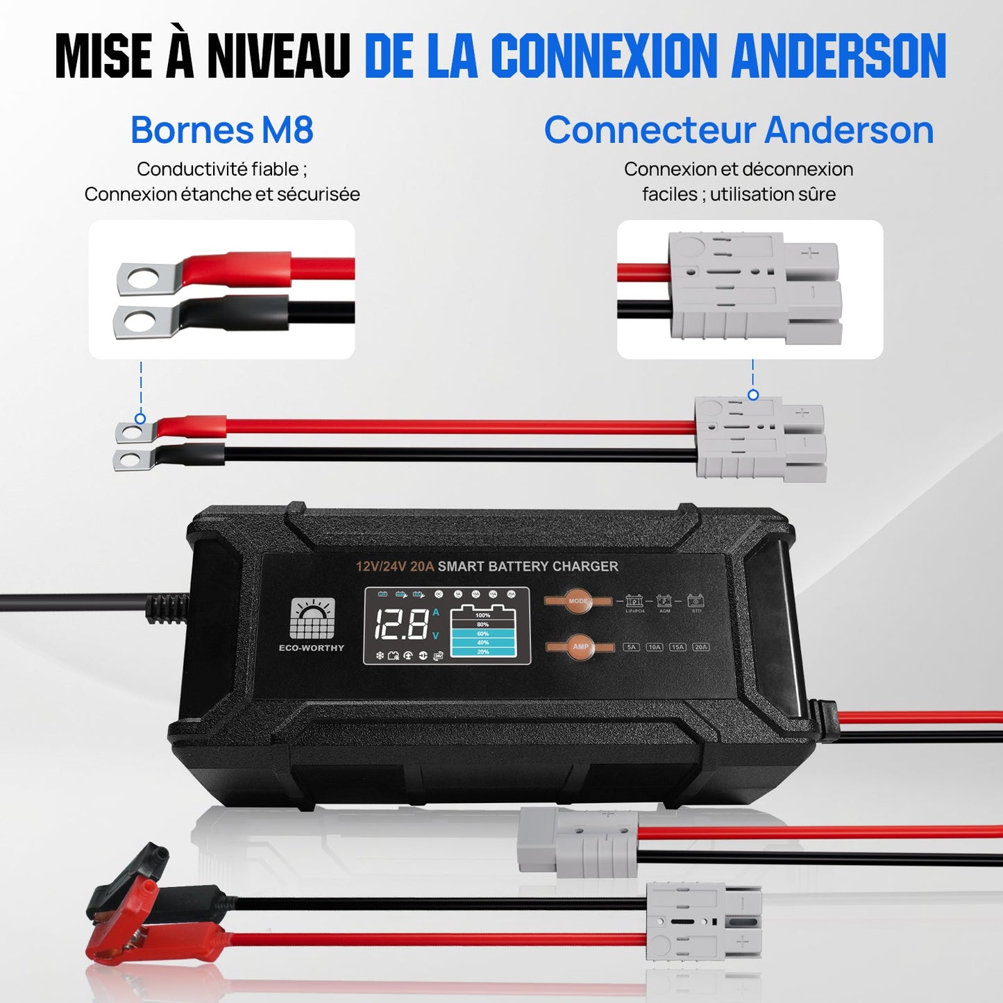 Chargeur de batterie intelligent 20A 12V/24V avec écran LCD pour la plupart des batteries - eco-worthy-fr