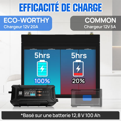 Chargeur de batterie intelligent 20A 12V/24V avec écran LCD pour la plupart des batteries - eco-worthy-fr