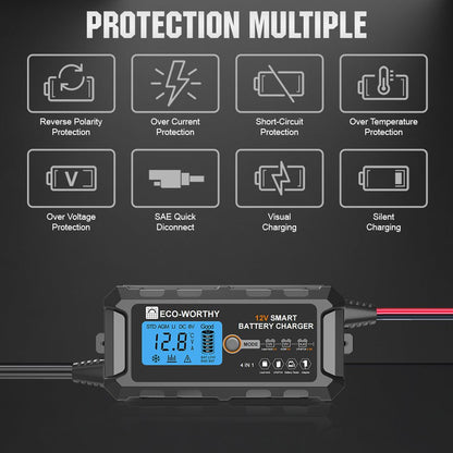 Chargeur de batterie intelligent automatique 5A & 10A 12V avec écran LCD pour batteries au lithium (LiFePO4) - eco-worthy-fr