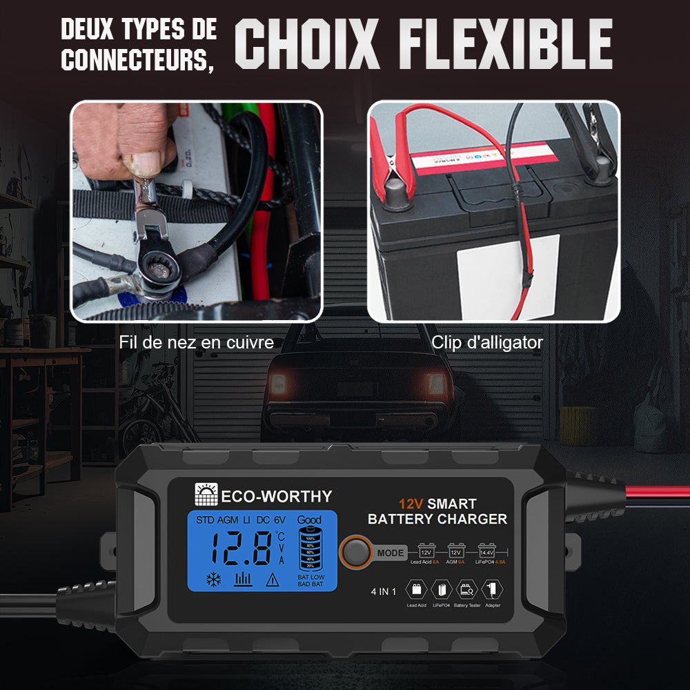 Chargeur de batterie intelligent automatique 5A & 10A 12V avec écran LCD pour batteries au lithium (LiFePO4) - eco-worthy-fr