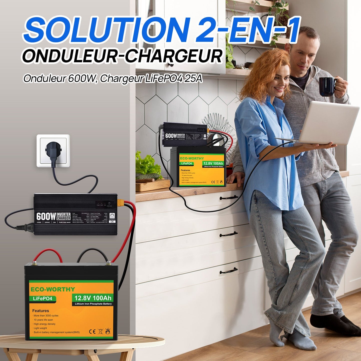 Chargeur ECO-WORTHY 14.6 V 25 A LiFePO4 avec convertisseur 600 W 12 V à 230 V, fonction UPS, pour batteries LiFePO4 à décharge profonde - eco-worthy-fr