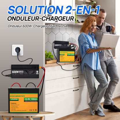 Chargeur ECO-WORTHY 14.6 V 25 A LiFePO4 avec convertisseur 600 W 12 V à 230 V, fonction UPS, pour batteries LiFePO4 à décharge profonde - eco-worthy-fr