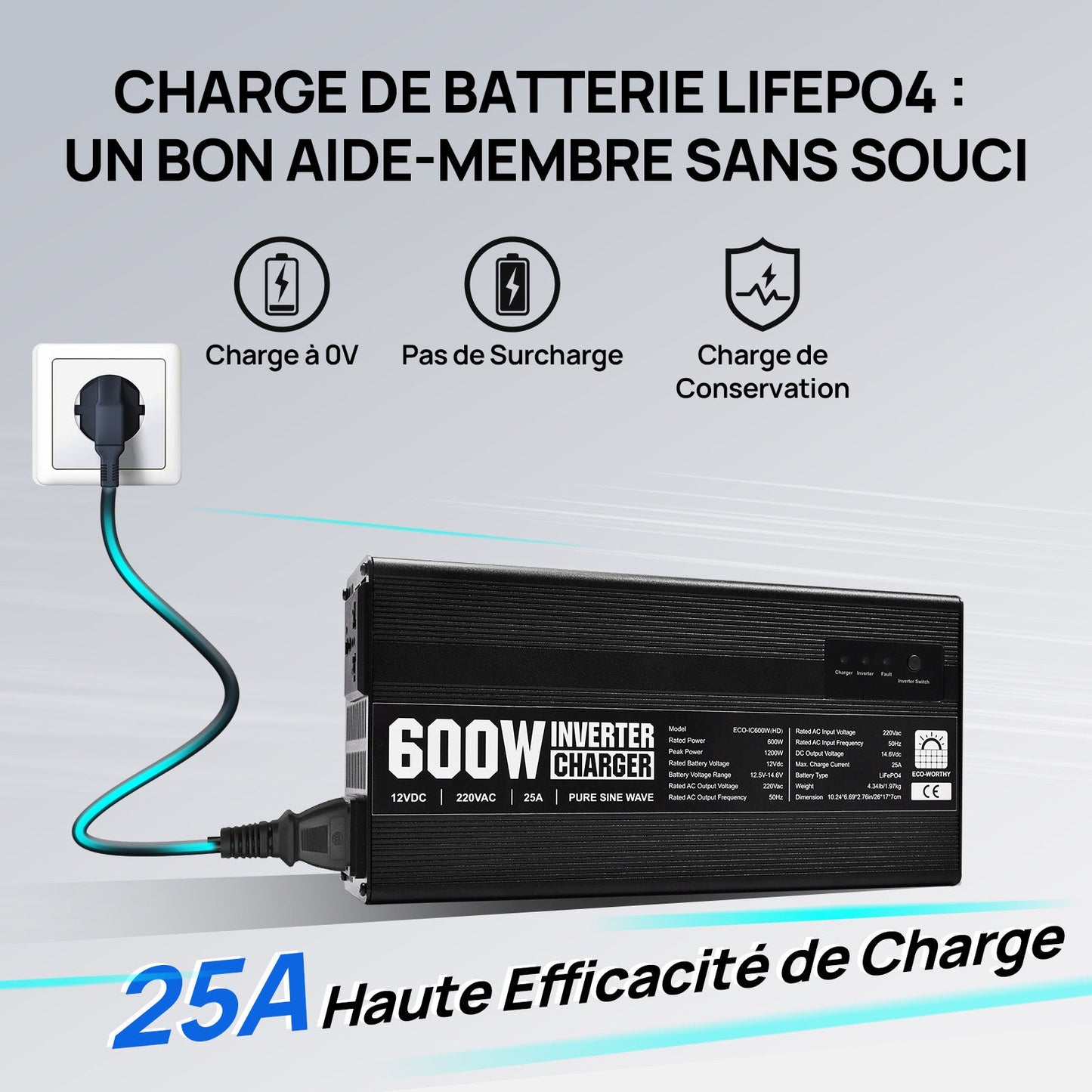 Chargeur ECO-WORTHY 14.6 V 25 A LiFePO4 avec convertisseur 600 W 12 V à 230 V, fonction UPS, pour batteries LiFePO4 à décharge profonde - eco-worthy-fr