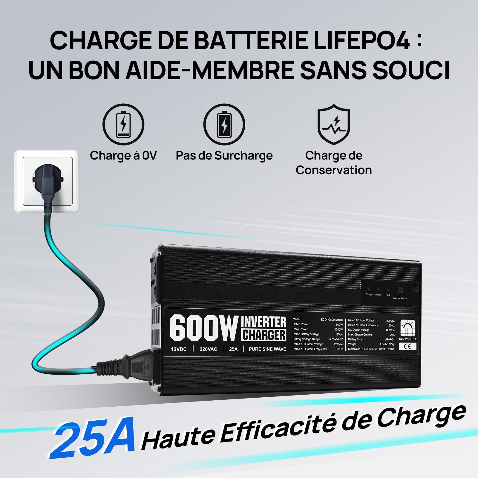 Chargeur ECO-WORTHY 14.6 V 25 A LiFePO4 avec convertisseur 600 W 12 V à 230 V, fonction UPS, pour batteries LiFePO4 à décharge profonde - eco-worthy-fr