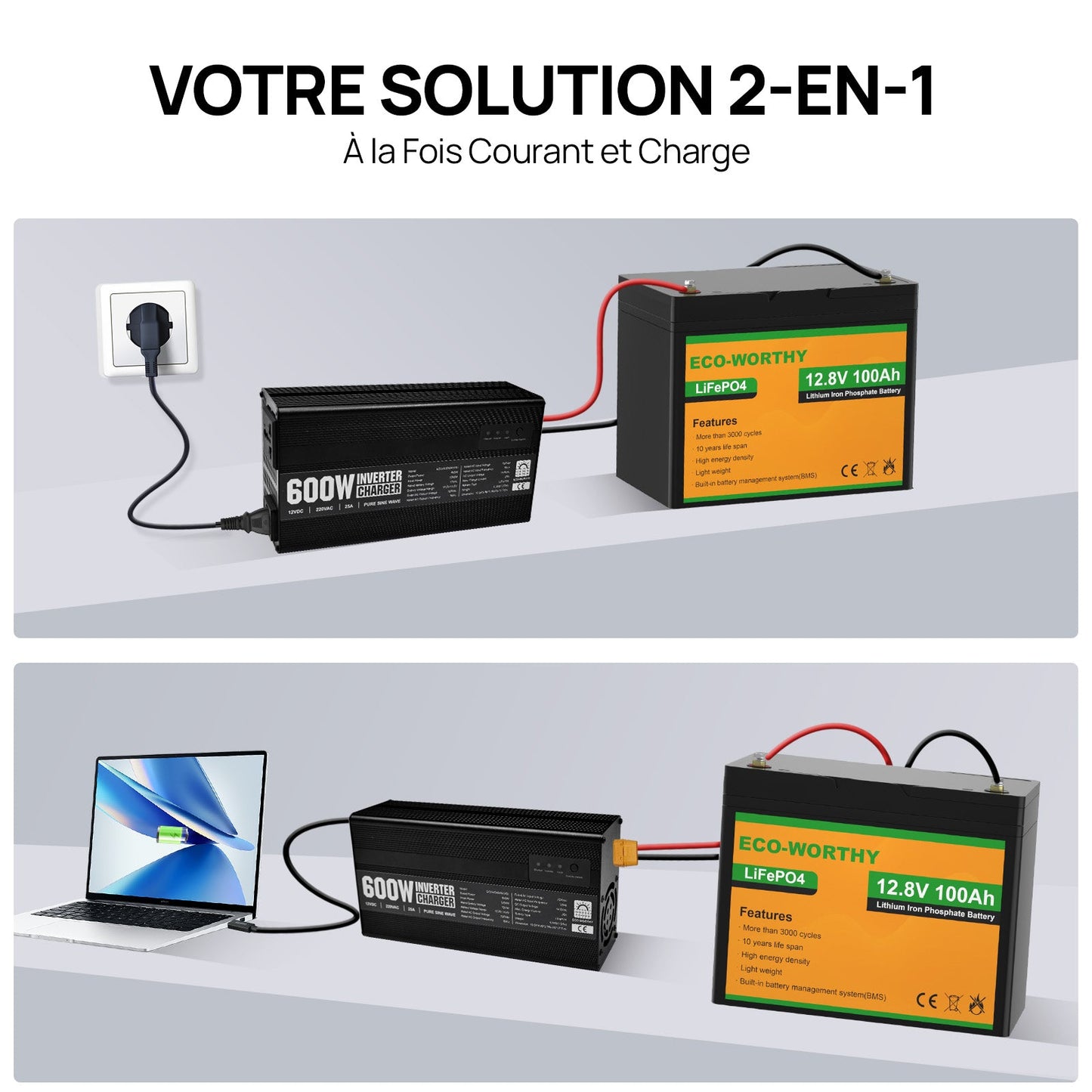 Chargeur ECO-WORTHY 14.6 V 25 A LiFePO4 avec convertisseur 600 W 12 V à 230 V, fonction UPS, pour batteries LiFePO4 à décharge profonde - eco-worthy-fr