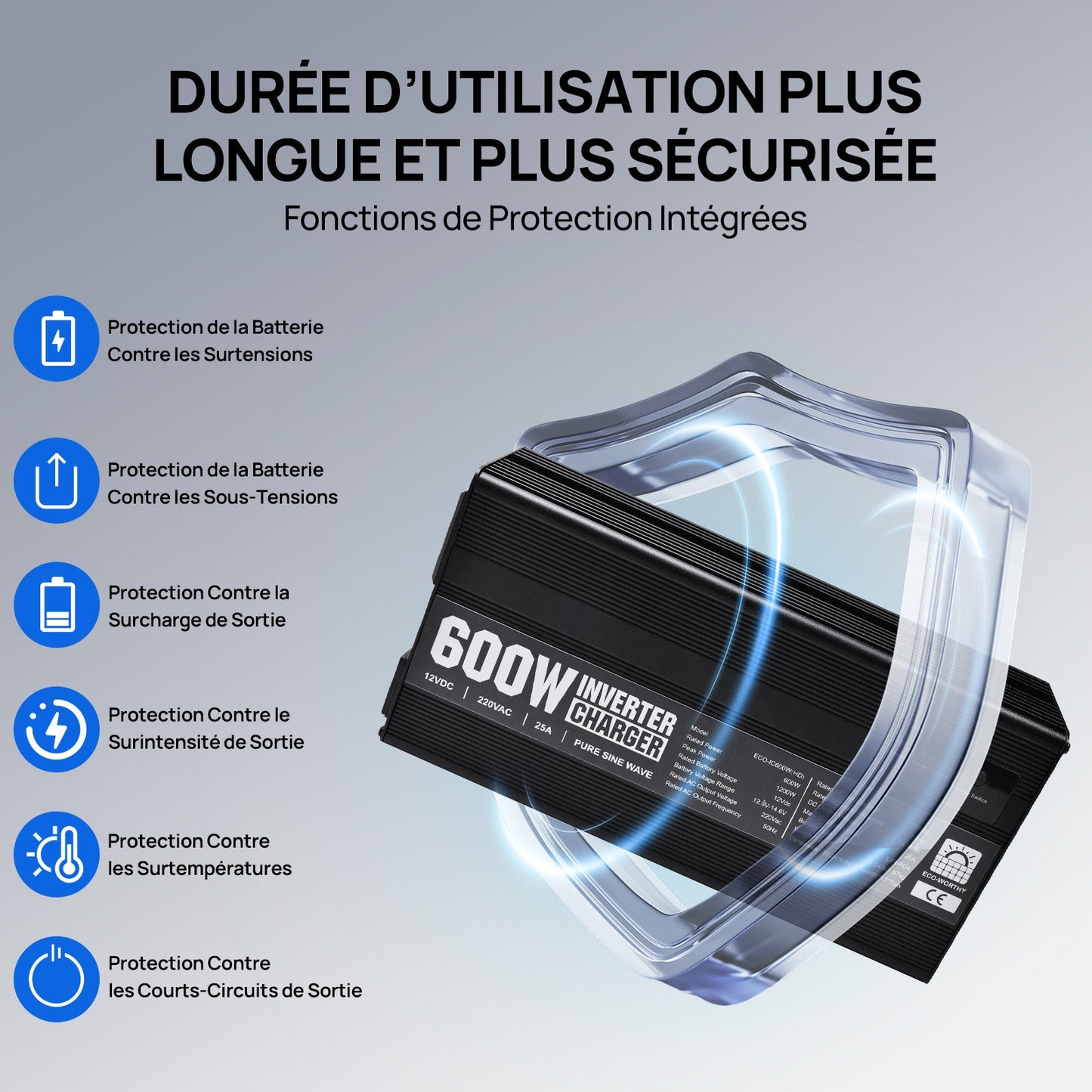 Chargeur ECO-WORTHY 14.6 V 25 A LiFePO4 avec convertisseur 600 W 12 V à 230 V, fonction UPS, pour batteries LiFePO4 à décharge profonde - eco-worthy-fr