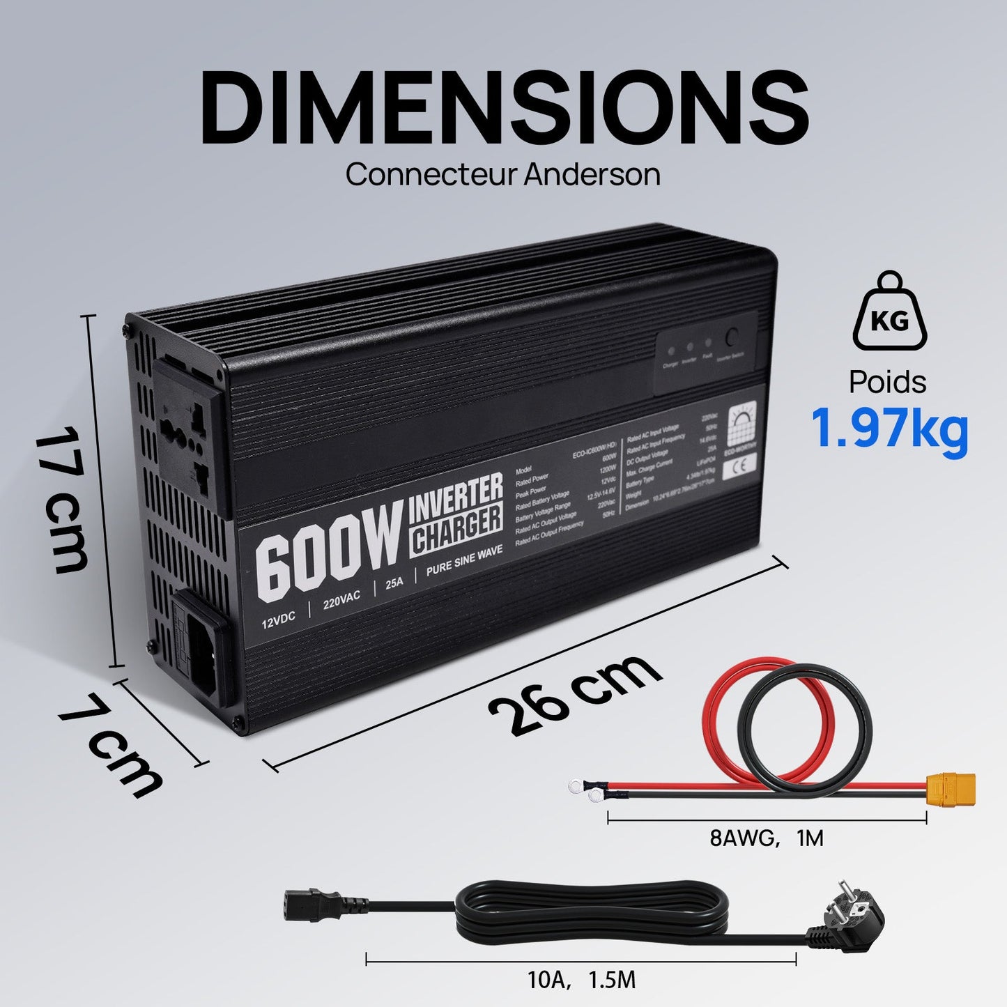 Chargeur ECO-WORTHY 14.6 V 25 A LiFePO4 avec convertisseur 600 W 12 V à 230 V, fonction UPS, pour batteries LiFePO4 à décharge profonde - eco-worthy-fr