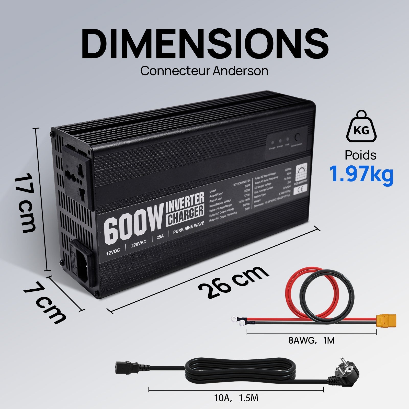 Chargeur ECO-WORTHY 14.6 V 25 A LiFePO4 avec convertisseur 600 W 12 V à 230 V, fonction UPS, pour batteries LiFePO4 à décharge profonde - eco-worthy-fr