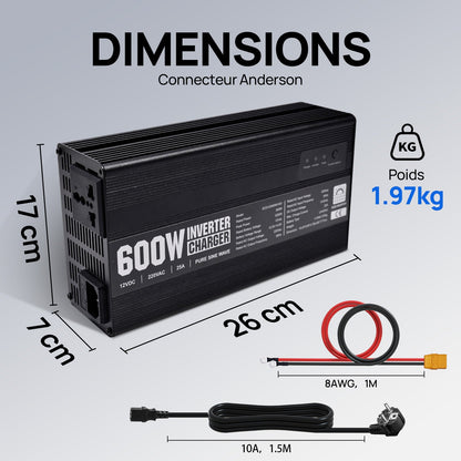 Chargeur ECO-WORTHY 14.6 V 25 A LiFePO4 avec convertisseur 600 W 12 V à 230 V, fonction UPS, pour batteries LiFePO4 à décharge profonde - eco-worthy-fr
