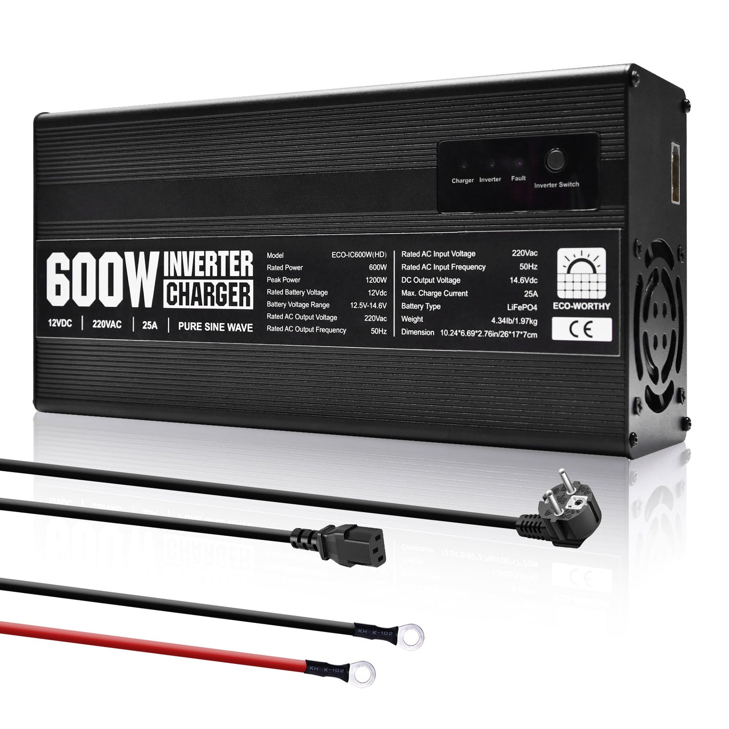 Chargeur ECO-WORTHY 14.6 V 25 A LiFePO4 avec convertisseur 600 W 12 V à 230 V, fonction UPS, pour batteries LiFePO4 à décharge profonde - eco-worthy-fr