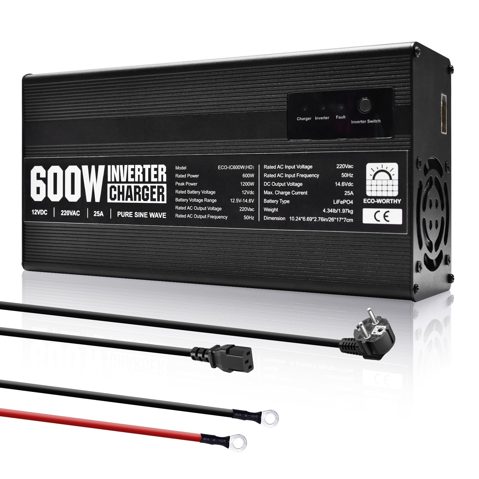Chargeur ECO-WORTHY 14.6 V 25 A LiFePO4 avec convertisseur 600 W 12 V à 230 V, fonction UPS, pour batteries LiFePO4 à décharge profonde - eco-worthy-fr