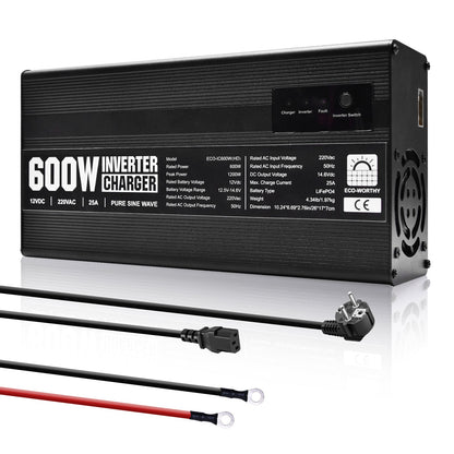 Chargeur ECO-WORTHY 14.6 V 25 A LiFePO4 avec convertisseur 600 W 12 V à 230 V, fonction UPS, pour batteries LiFePO4 à décharge profonde - eco-worthy-fr