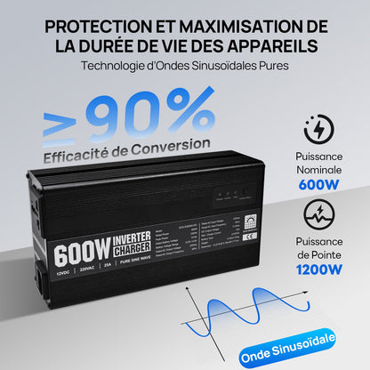 Chargeur ECO-WORTHY 14.6 V 25 A LiFePO4 avec convertisseur 600 W 12 V à 230 V, fonction UPS, pour batteries LiFePO4 à décharge profonde - eco-worthy-fr