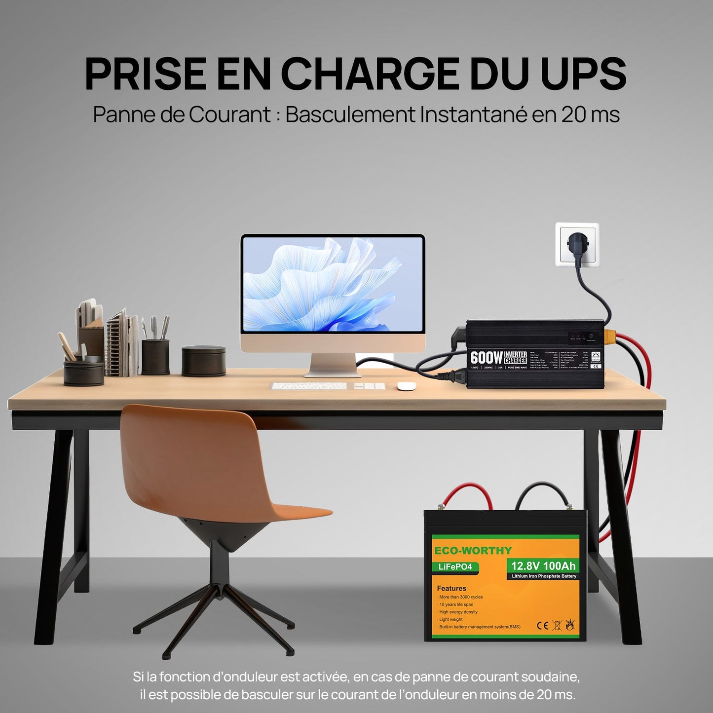 Chargeur ECO-WORTHY 14.6 V 25 A LiFePO4 avec convertisseur 600 W 12 V à 230 V, fonction UPS, pour batteries LiFePO4 à décharge profonde - eco-worthy-fr