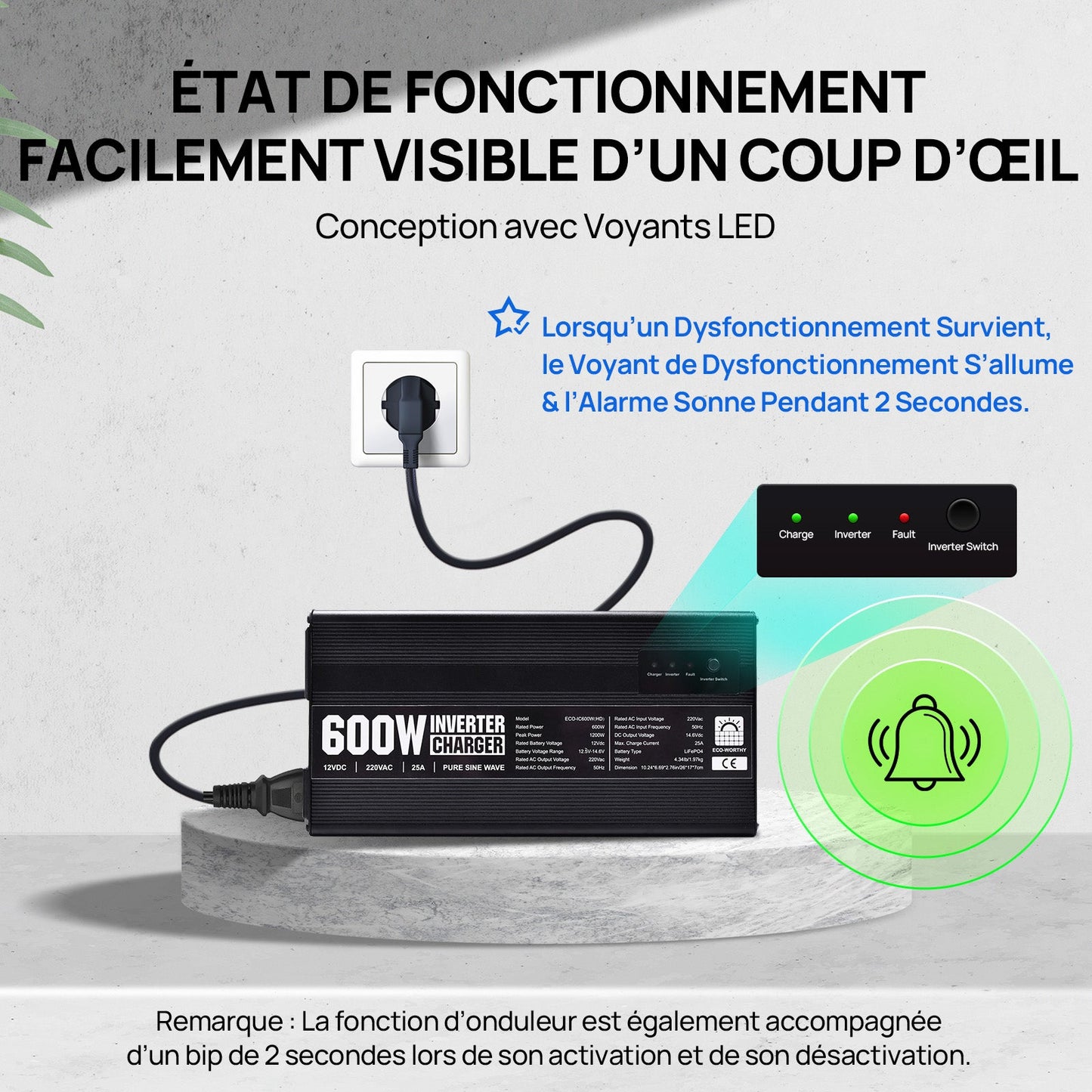 Chargeur ECO-WORTHY 14.6 V 25 A LiFePO4 avec convertisseur 600 W 12 V à 230 V, fonction UPS, pour batteries LiFePO4 à décharge profonde - eco-worthy-fr