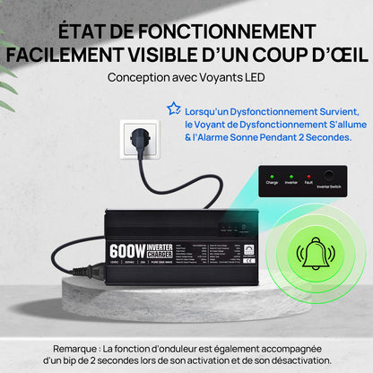 Chargeur ECO-WORTHY 14.6 V 25 A LiFePO4 avec convertisseur 600 W 12 V à 230 V, fonction UPS, pour batteries LiFePO4 à décharge profonde - eco-worthy-fr