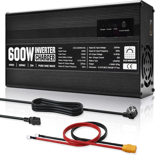 Chargeur ECO-WORTHY 14.6 V 25 A LiFePO4 avec convertisseur 600 W 12 V à 230 V, fonction UPS, pour batteries LiFePO4 à décharge profonde - eco-worthy-fr