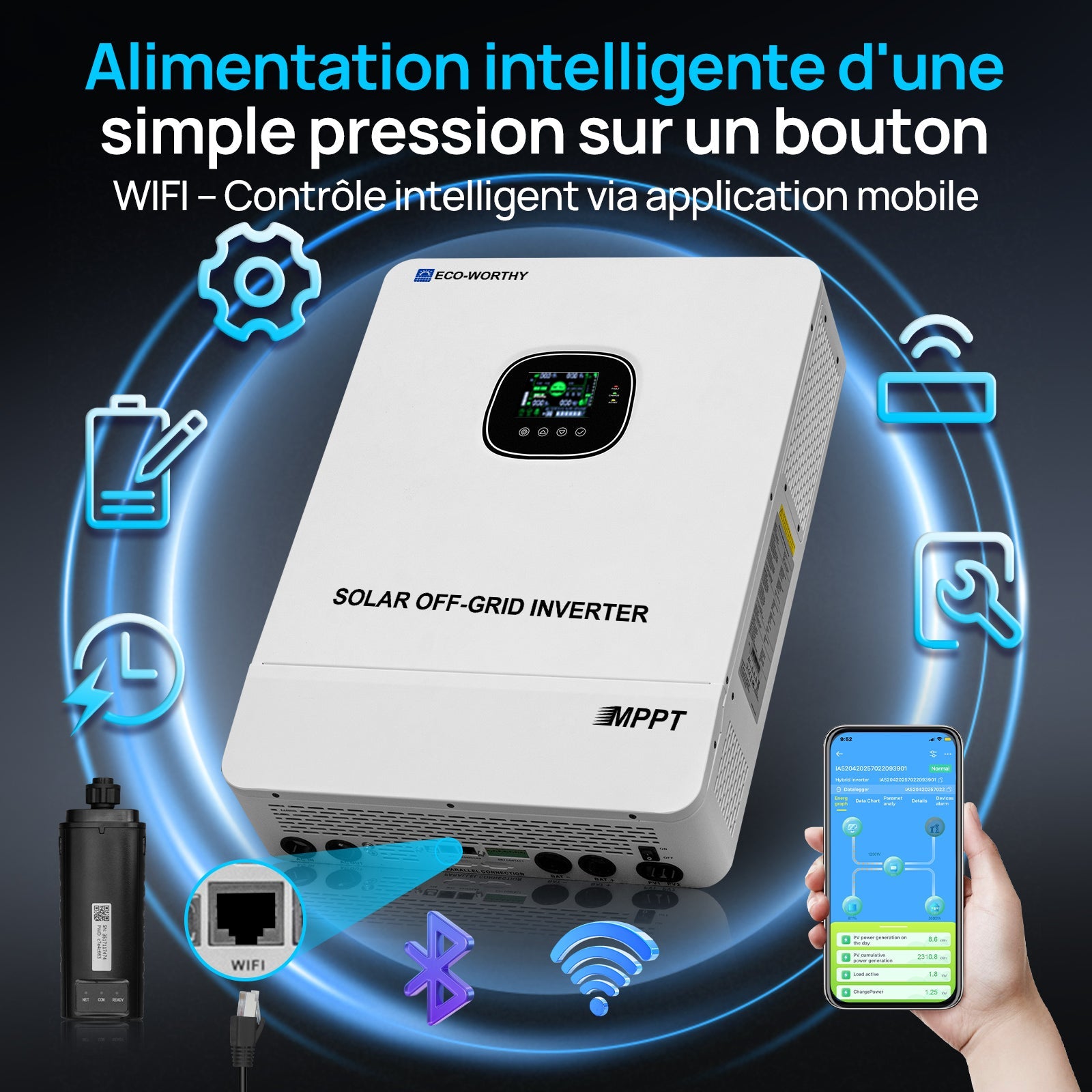 Eco-Worthy 10kW 48V Onduleur solaire hors réseau — Convertisseur 48V CC vers 230V CA — Entrée photovoltaïque 11 000W à 500V - eco-worthy-fr