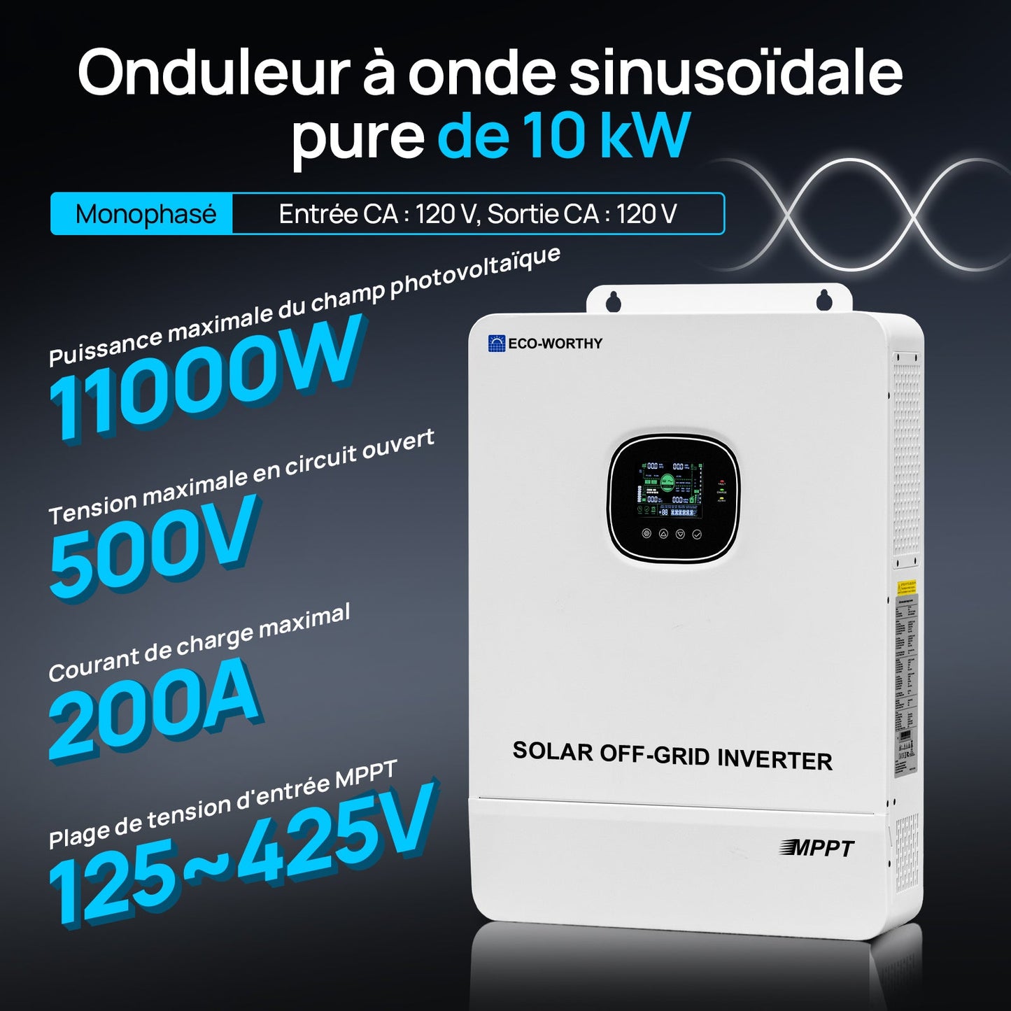 Eco-Worthy 10kW 48V Onduleur solaire hors réseau — Convertisseur 48V CC vers 230V CA — Entrée photovoltaïque 11 000W à 500V - eco-worthy-fr