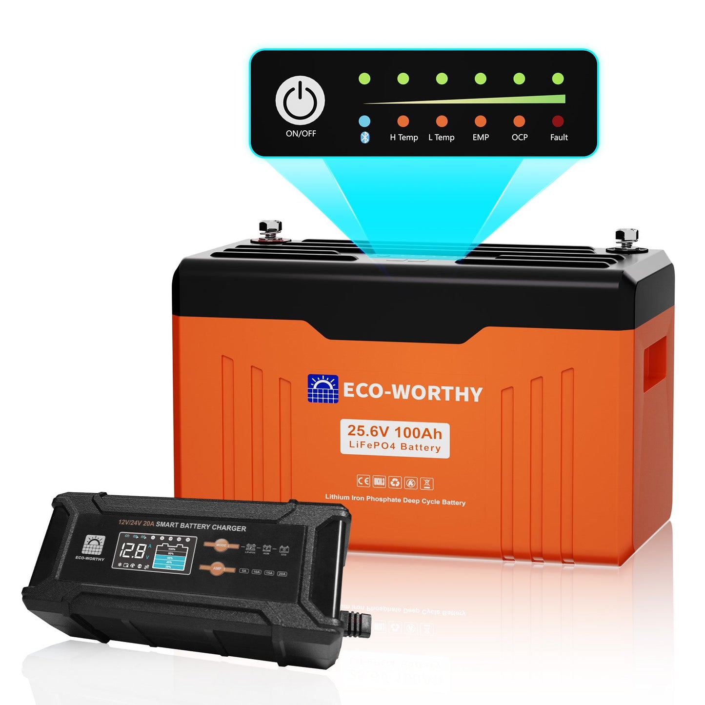 Eco-Worthy Batterie au lithium LiFePO4 24V 100Ah Bluetooth avec Lumières LED SOC - eco-worthy-fr