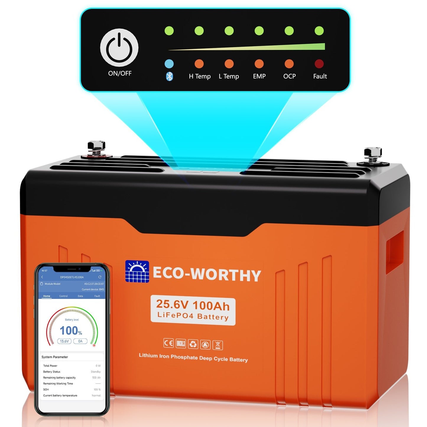 Eco-Worthy Batterie au lithium LiFePO4 24V 100Ah Bluetooth avec Lumières LED SOC - eco-worthy-fr