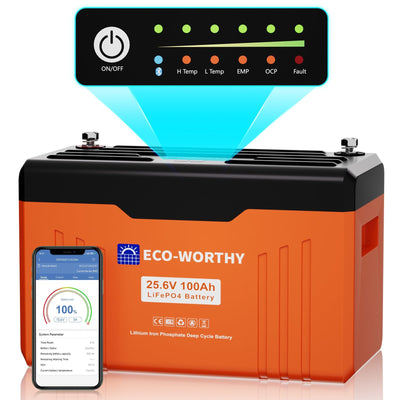 Eco-Worthy Batterie au lithium LiFePO4 24V 100Ah Bluetooth avec Lumières LED SOC - eco-worthy-fr