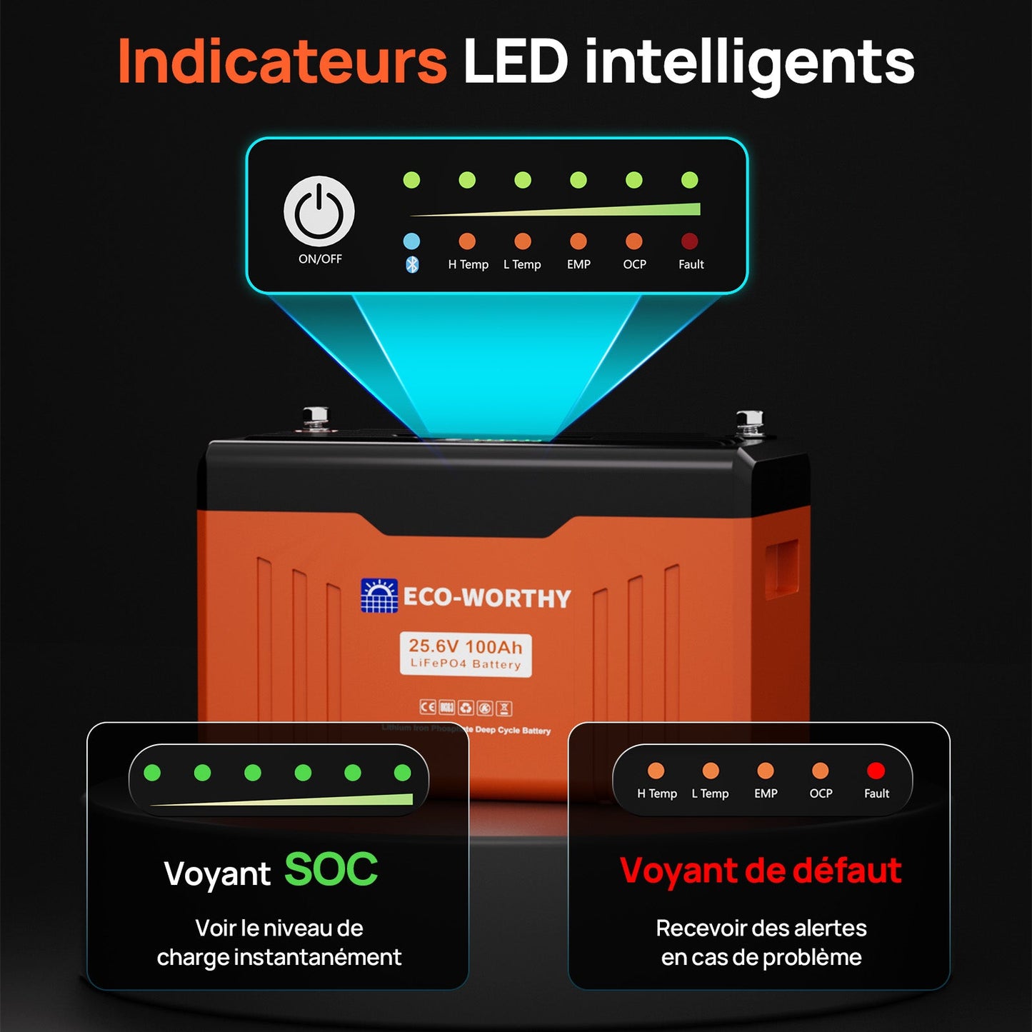 Eco-Worthy Batterie au lithium LiFePO4 24V 100Ah Bluetooth avec Lumières LED SOC - eco-worthy-fr