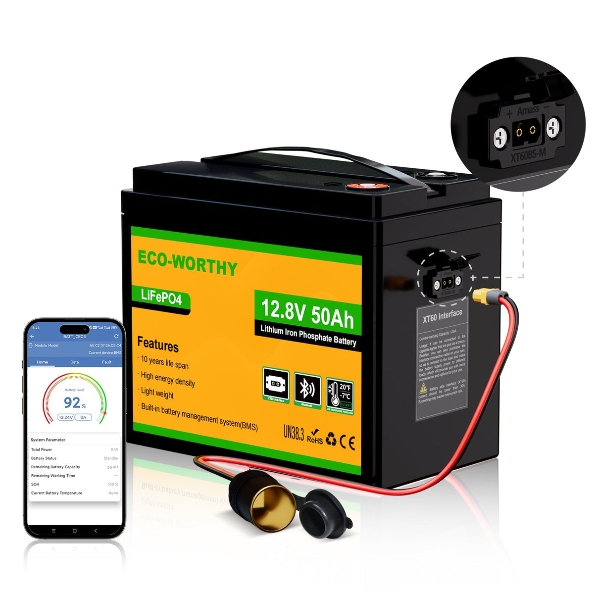Eco-Worthy Batterie LiFePO4 12V 50Ah avec XT60, Bluetooth, BMS et protection basses températures - eco-worthy-fr