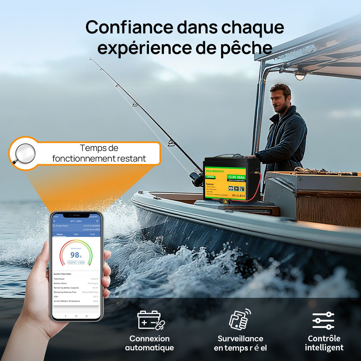 Eco-Worthy Batterie LiFePO4 12V 50Ah avec XT60, Bluetooth, BMS et protection basses températures - eco-worthy-fr