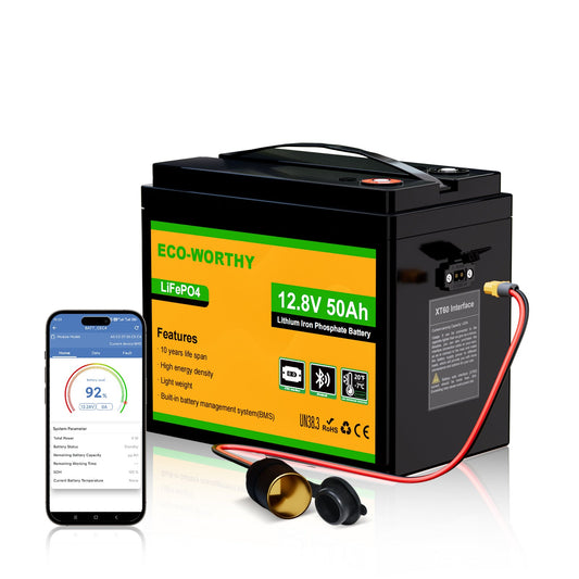 Eco-Worthy Batterie LiFePO4 12V 50Ah avec XT60, Bluetooth, BMS et protection basses températures - eco-worthy-fr