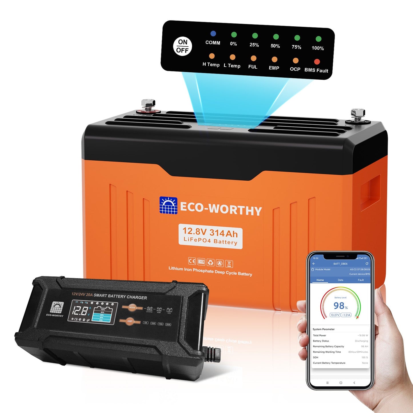 Eco-Worthy Batterie Lithium 12V 314Ah LiFePO4 Bluetooth Avec Indicateur LED - eco-worthy-fr