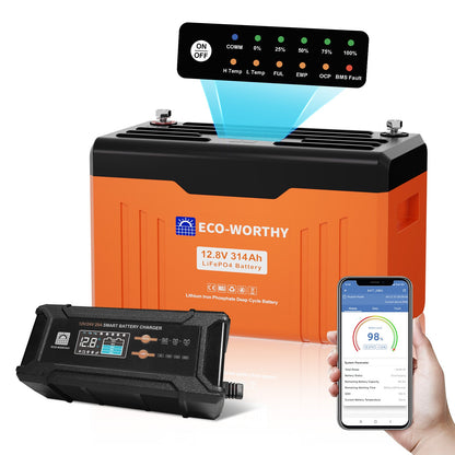 Eco-Worthy Batterie Lithium 12V 314Ah LiFePO4 Bluetooth Avec Indicateur LED - eco-worthy-fr