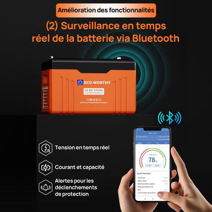 Eco-Worthy Batterie Lithium 12V 314Ah LiFePO4 Bluetooth Avec Indicateur LED - eco-worthy-fr