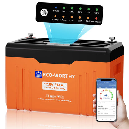 Eco-Worthy Batterie Lithium 12V 314Ah LiFePO4 Bluetooth Avec Indicateur LED - eco-worthy-fr