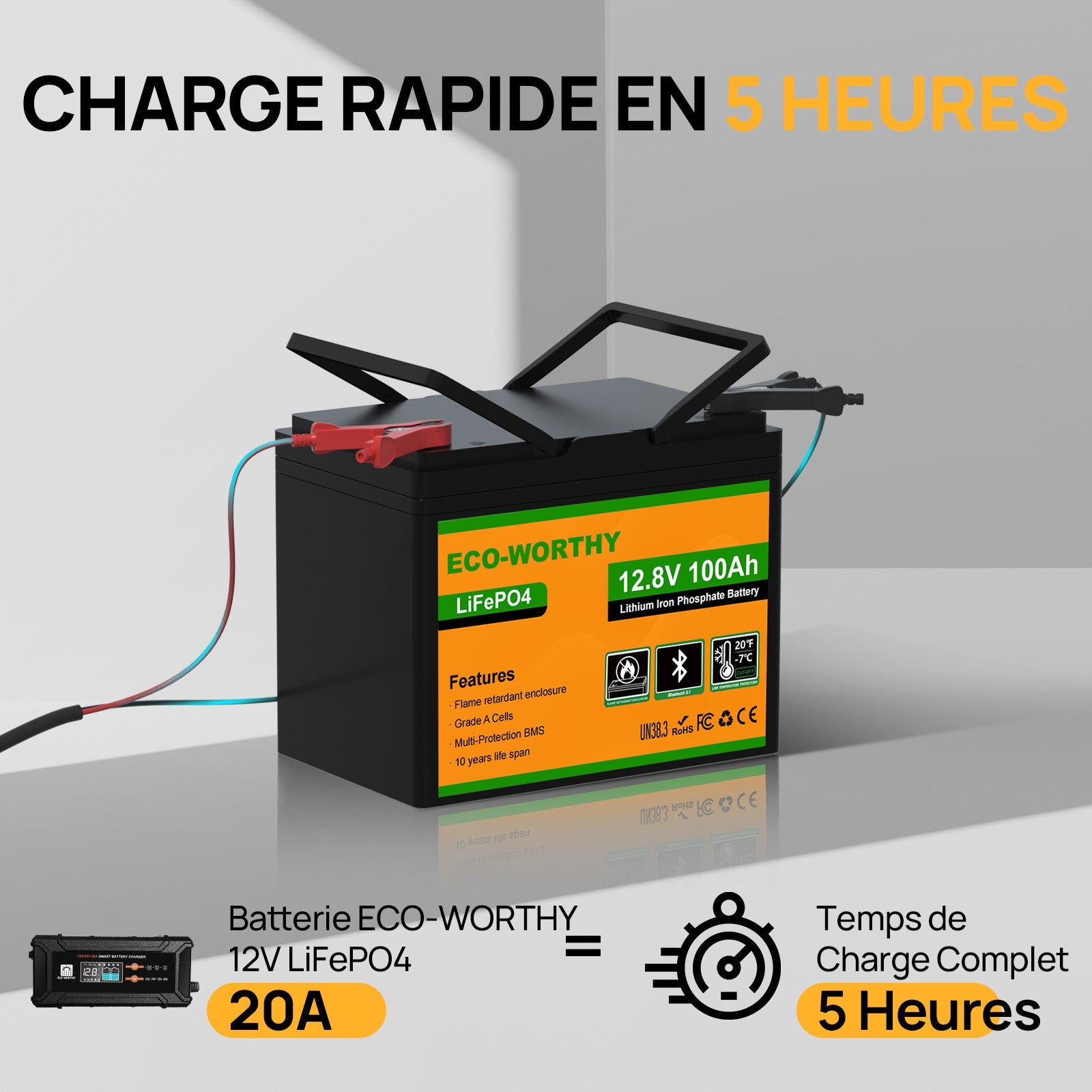 Eco-Worthy Batterie lithium LiFePO4 12V 100Ah avec Bluetooth-Prot. basse temp. - eco-worthy-fr