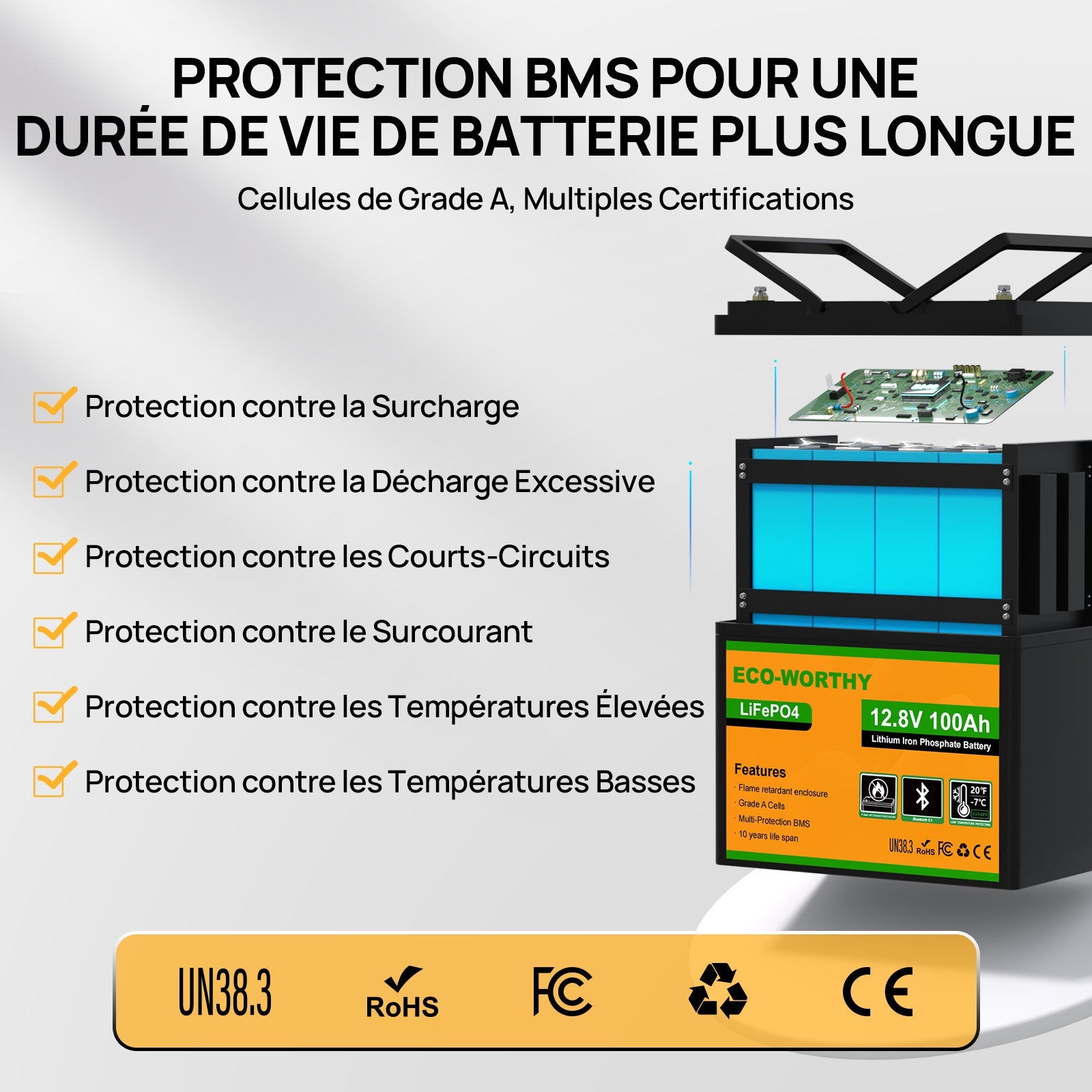 Eco-Worthy Batterie lithium LiFePO4 12V 100Ah avec Bluetooth-Prot. basse temp. - eco-worthy-fr